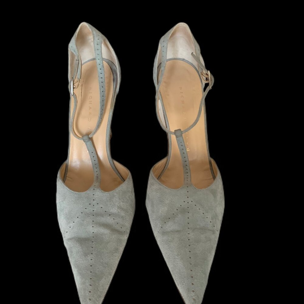Designer Dove Blue Suede Stiletto T-Strap Heels